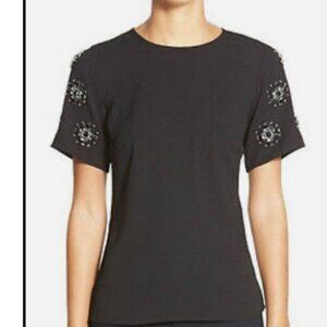 Michael Kors Black Embellished Sleeve Peplum Back Top, Size XS